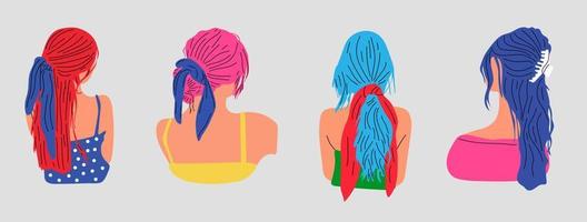 conjunto de jovens com vários cortes de cabelo e acessórios. visão traseira. mulheres vestidas com roupas diferentes. cabeças e ombros. conceito de salão de beleza. ilustrações vetoriais desenhadas à mão vetor