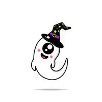 fantasma mascote fofo vestindo um chapéu de bruxa kawaii vetor