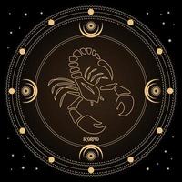 signo de escorpião, signo de horóscopo astrológico em um círculo místico com lua, sol e estrelas. desenho dourado, vetor