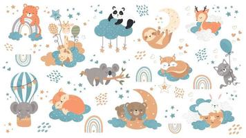 conjunto de ilustrações com pequenos animais dormindo nas nuvens, na lua entre as estrelas. habitantes exóticos e da floresta para crianças. vetor