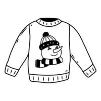 suéter de inverno com cabeça de boneco de neve em um chapéu e cachecol no estilo doodle. ilustração vetorial vetor