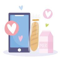 mercado online. pão e leite para smartphone vetor