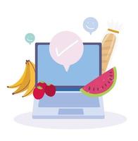 mercado online. laptop, frutas e pedidos de comida vetor