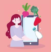 serviço online que pede comida. mulher com smartphone vetor