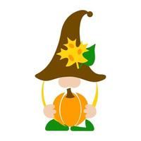 gnomo de outono bonito em um chapéu marrom com abóbora. cartaz de tipografia decorativa. bebê, design de camiseta. vetor