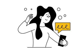 mulher móvel conversando com o conceito de ilustração vetorial de mensagem de telefone e smartphone. garota na internet online e comunicação social com dispositivo. conversa em rede e mensageiro usando para falar vetor