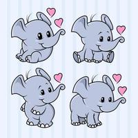 4 conjuntos de ícones de desenho de elefante fofo vetor