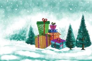 paisagem festiva de inverno presentes de natal lindo fundo de cartão de férias vetor