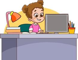 crianças bonitas felizes estudando no computador na mesa vetor