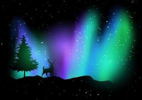 paisagem de natal com veados contra o céu da aurora boreal vetor