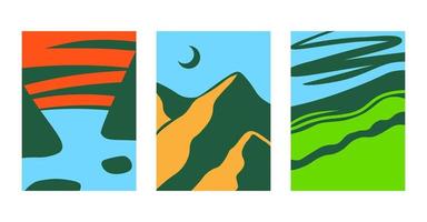 coleção de impressão de paisagem abstrata. conjunto de ilustração vetorial vintage simples. banner da web ou pôsteres na parede da sala. silhuetas desenhadas à mão retrô com mar, montanhas e céu azul. vetor