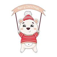 urso polar fofo em uma camisola de malha de inverno e chapéu segurando um cartaz com a inscrição feliz natal vetor