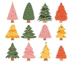 coleção de árvores de natal com enfeites. conceito de celebração de natal e ano novo. bom para cartão, convite, banner, web design.