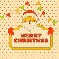 fofo papai noel sorridente segurando placa cartão de feliz natal ou fundo em estilo retrô groove vetor