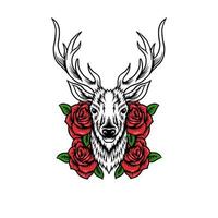 cabeça de veado com ilustração vetorial de rosas para design de camiseta, logotipo, logotipo de mascote, emblema, adesivo vetor