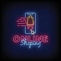 sinal de néon compras on-line com vetor de fundo de parede de tijolo