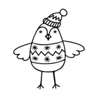 doodle de pequeno pássaro vestindo um suéter e chapéu de inverno. mão desenhada ilustração vetorial de bonito Dom-fafe isolado no fundo branco. elemento de design de inverno. vetor