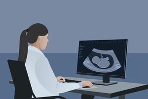 uma médica olha para o resultado de uma ultra-sonografia. diagnóstico médico de uma criança no útero, gravidez e saúde vetor