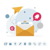 mensagem de e-mail, infográfico do processo de trabalho com ícones