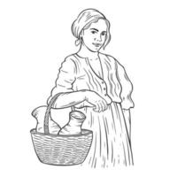 uma jovem aldeã segura uma cesta com jarros de leite. as vacas pastam no tapete da aldeia. estilo de gravura à mão vetor