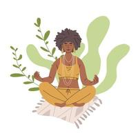 uma garota medita na natureza. uma jovem de pele escura está sentada em posição de lótus e fazendo ioga. paz e um sorriso no rosto. vetor