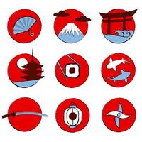 japão icon set ilustração vetorial. ícones redondos e vermelhos. ícones para mídias sociais. símbolos do Japão. três ícones de cores. destaques para as redes sociais. fã, montanha, pagode, sushi, carpas kai e katana. vetor