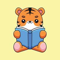 tigre bonito lendo livro mascote dos desenhos animados doodle arte conceito desenhado à mão vetor ilustração do ícone kawaii