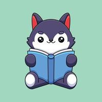 lobo fofo lendo livro mascote dos desenhos animados doodle arte conceito desenhado à mão vetor ilustração do ícone kawaii