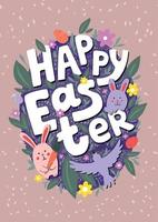 cartão de feliz páscoa com coelhos e ovos. ilustração infantil fofa. vetor