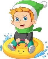 o menino feliz está jogando o pneu flutuante e dirigindo na água vetor
