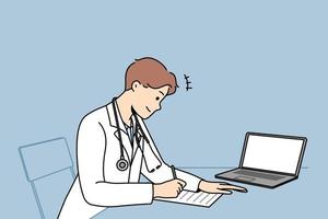 médico do sexo masculino sente-se à mesa no trabalho do hospital no laptop, escreva a prescrição para o paciente. homem moderno gp na clínica manuscrita na revista médica. medicamento. ilustração vetorial. vetor