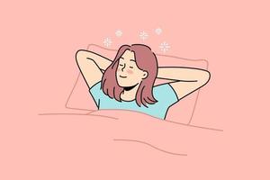 jovem feliz deitada na cama dormindo. garota sorridente relaxe no quarto sonhando ou cochilando. relaxamento e conforto. ilustração vetorial. vetor