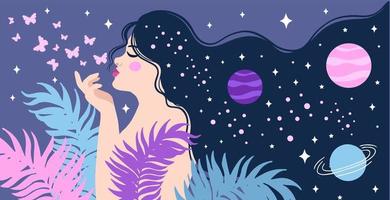 garota espiritual, amor espacial. conceito de sonho, pensamento e meditação. ilustração vetorial vetor