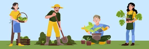 jardinagem ou trabalhos agrícolas. homens e mulheres jardineiros vetor