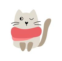 bebê fofo gato de inverno dos desenhos animados de natal com lenço vermelho. doodle estilo escandinavo para o ano novo. recurso gráfico para conteúdo gráfico, adesivo de banner vetor