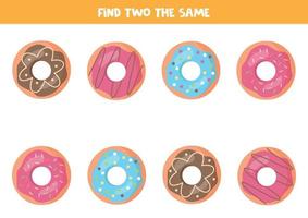 encontre dois donuts saborosos e coloridos iguais. jogo lógico para crianças. vetor