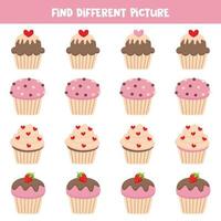 encontrar cupcake fofo que é diferente dos outros. planilha para crianças. vetor