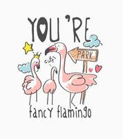 família flamingo com letras e ícones vetor