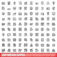 100 ícones de mídia definidos, estilo de estrutura de tópicos vetor