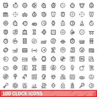 conjunto de 100 ícones de relógio, estilo de estrutura de tópicos vetor