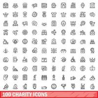 conjunto de 100 ícones de caridade, estilo de estrutura de tópicos vetor