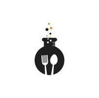 design de logotipo de vetor de laboratório de alimentos. tubo de ensaio de laboratório com garfo e colher.