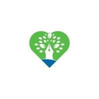 modelo de design de logotipo de conceito de forma de coração de árvore de caneta. design de logotipo de negócios criativos de folha de árvore de caneta vetor