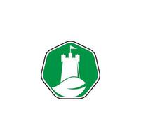 combinação de logotipo de castelo e folha. torre e eco símbolo ou ícone. vetor de conceito de design de logotipo de castelo de natureza