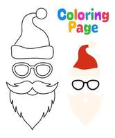 página para colorir com barba com chapéu de natal e óculos para crianças vetor