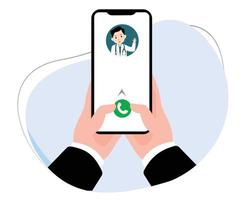 ilustração de uma mão segurando um telefone celular fazendo uma ligação para um médico online. consulta médica. ilustração vetorial de design plano vetor