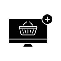 adicione o ícone de glifo de compras. contém monitor com carrinho de compras e ícone de adição. ilustração de ícone relacionada à loja de comércio eletrônico. design vetorial simples editável. pixel perfeito em 32 x 32 vetor