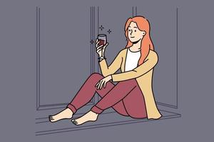 jovem feliz sente-se no parapeito da janela em casa relaxe com um copo de vinho tinto. menina sorridente descansar dentro de casa no fim de semana com bebida. relaxamento. ilustração vetorial. vetor