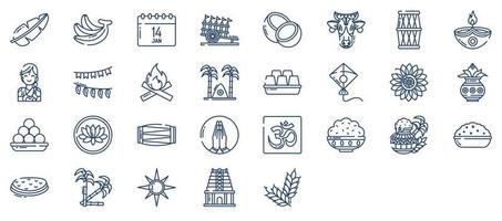 coleção de ícones relacionados ao pongal, incluindo ícones como vaca, diya, pipa e muito mais. ilustrações vetoriais, conjunto perfeito de pixels vetor