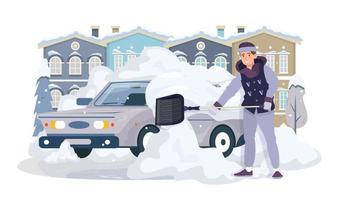 homem limpando seu carro da neve com uma pá. carro coberto de neve. tempestade de neve no inverno. estradas nevadas. remoção de neve. ilustração vetorial plana vetor